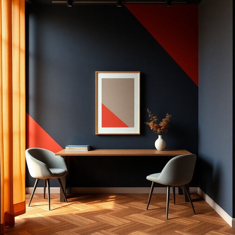 Atmosferă de brand cu pereți bleumarin și accente geometrice coral