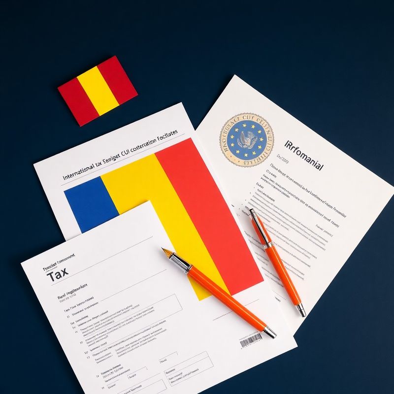Documente fiscale internaționale și steagul UE pe un birou bleumarin